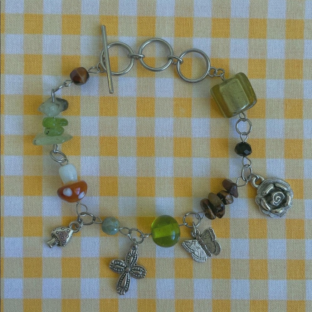 green earth tones mushroom charm bracelet cottagecore fairycore handmade